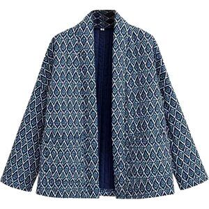 Women's Floral Quilted Jackets Cropped Button Down Padded Puffer Jacket Navy